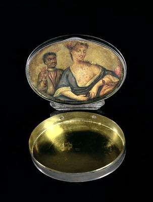 A snuff box, with inner picture of a mistress and her black servant, London, c.1740 (silver) de 