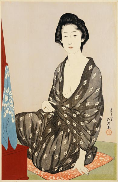 A Beauty In A Black Kimono With White Hanabishi Patterns Seated Before A Mirror de 