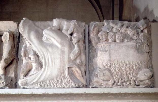 Bas-relief depiction of hell, showing figures being consumed by a monster and sinners boiling in a c de 