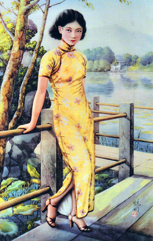 China: Chinese calendar girl of the 1930s wearing a qipao or cheongsam de 