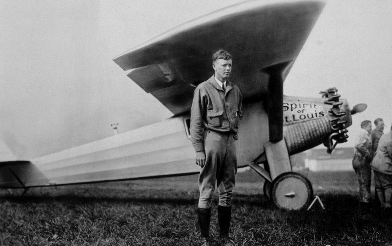 Charles Lindbergh American aviator in front of his plane Spirit of Saint Louis taking off from Roose de 