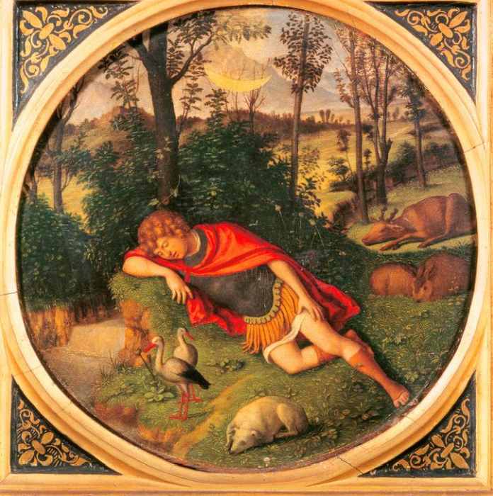 Circle young man sleeping mantle cloak red curls dog rabbits storks ox bushes trees trunks wood stre de 