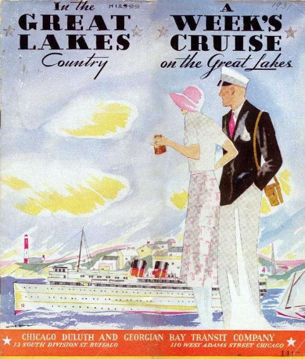 Cover of the Chicago, Duluth and Georgian Bay Transit Company schedule for 1931 depicts a man and a  de 