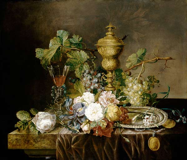 A Still Life With Roses, Carnations, An Iris, Grapes, A Silver Plate, Two Medallions, A ''Facon De V de 