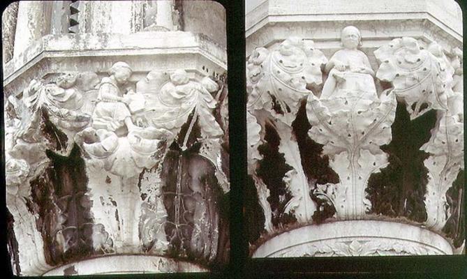 Capitals decorated with reliefs portraying craftsmen at their trades (LtoR) the stone-cutter and the de 