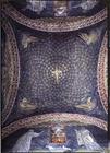 Central vault depicting a golden cross in a star strewn sky with the attributes of the apostles, 5th