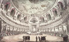 Concert Hall in Venice, 18th century (coloured engraving)