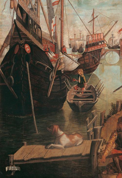Detail. Moored galley figures small boat barge oars man sailor seaman pier dog. de 