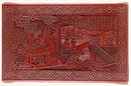 Detail From A Red Lacquer Rectangular Low Table Top, Depicting A Scholar In A Pavilion With Three At de 
