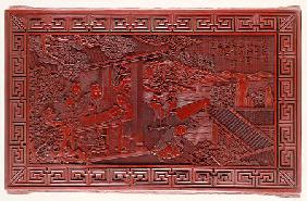 Detail From A Red Lacquer Rectangular Low Table Top, Depicting A Scholar In A Pavilion With Three At