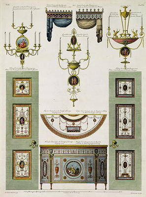 Designs for curtain cornices, girandoles and folding doors, 1774, by Robert Adam (1728-92) (and deta de 