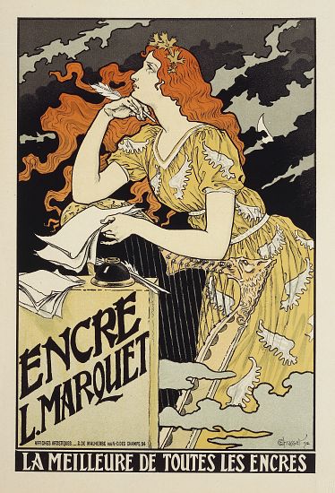 Encre L. Marquet, La Meilleure de Toutes les Encres. Advertisement for Marquet ink, illustration by  de 