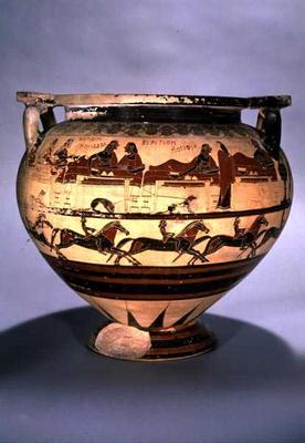 Early Corinthian black-figure column-krater depicting Herakles dining with Eurytos and his sons, wai de 