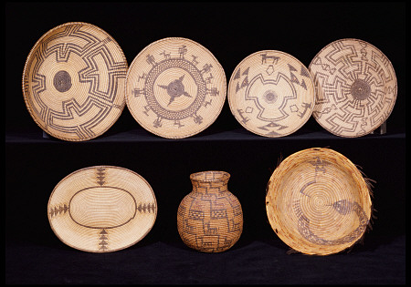 Four Apache Coiled Trays, A Chemehuevi Polychrome Coiled Tray, An Apache Polychrome Coiled Jar, Olla de 