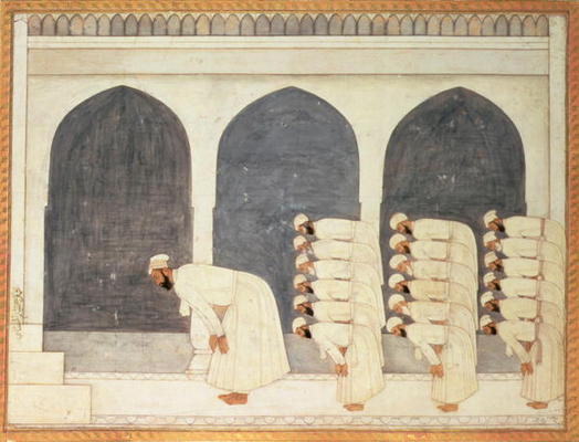 Folio.38a A Mogul prince in a mosque leading Friday prayers from the large Clive Album, Mughal, c.17 de 