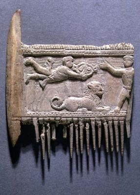 Fragment of a hair comb seen from the back with a relief depicting a religious scene, Greek (ivory) de 