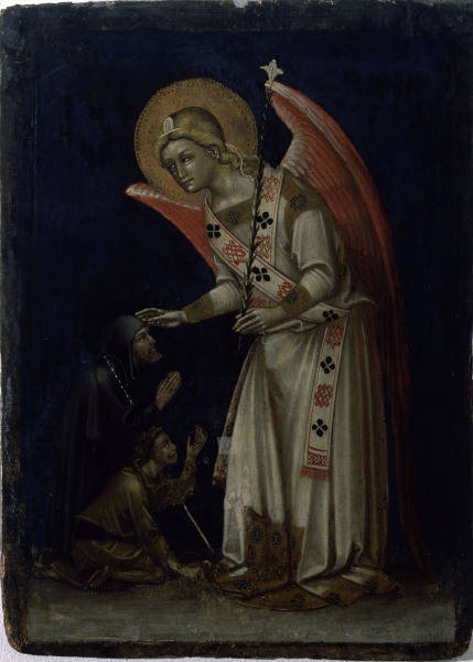 Guariento peintre italien, connu des 1338, mort vers 1368/70. ''L''ange, portant un lis, aide un men de 