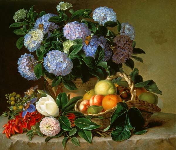 Hydrangea In An Urn And A Basket Of Fruit On A Ledge de 