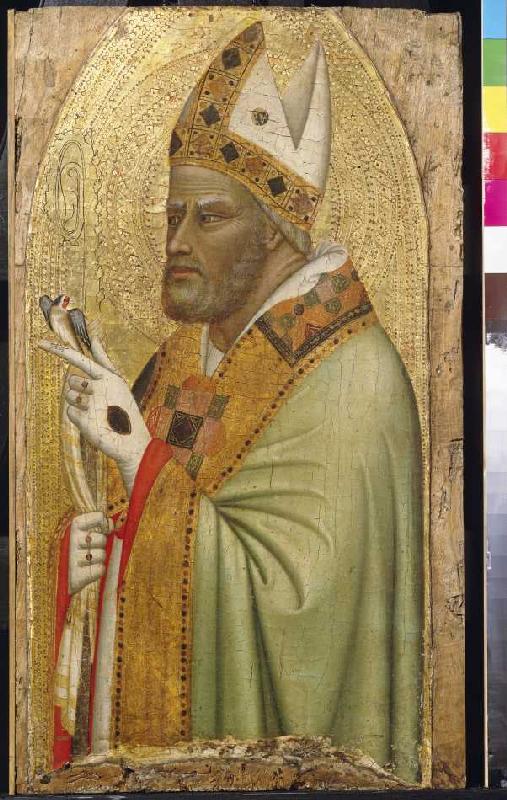 Halbfigur eines heiligen Bischofs mit einem Stieglitz. de 