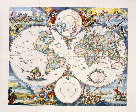 Hand-Coloured Engraved And Etched Wall-Map Of The World On 4 Sheets Cornelis III Danckerts (1664-171 de 