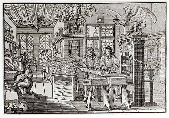 Interior of a printing works in Nuremberg, 17th century (b/w print) de 