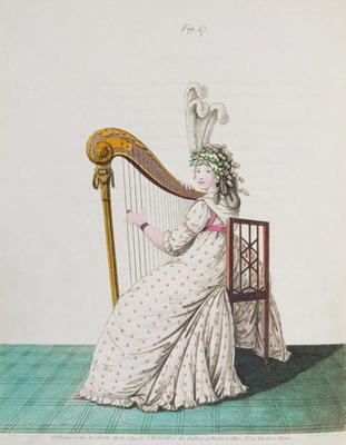 Lady playing the harp in evening dress from Nikolaus Heideloff's Gallery of Fashion, Vol II, April 1 de 