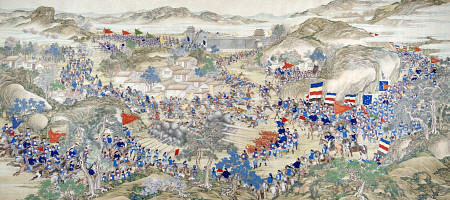 Large Handscroll Painted In Ink And Colours On Silk Depicting A Battle Scene de 
