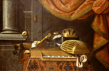 Lutes With A Clavichord On A Table, A Red Curtain Above de 