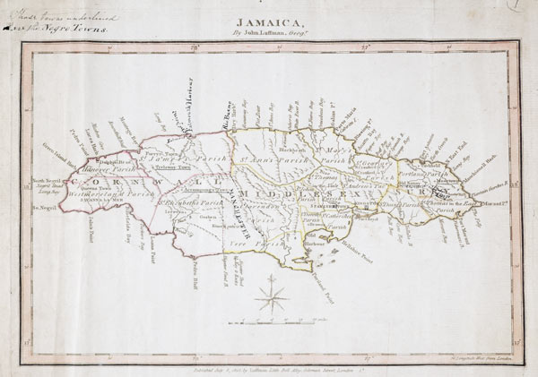 Map of Jamaica showing maroon settlements underlined, where runaway slaves found refuge, 1805 (ink o de 