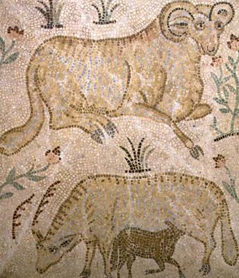 Mosaic plaque depicting a ram and a ewe suckling a lamb, possibly Greek de 