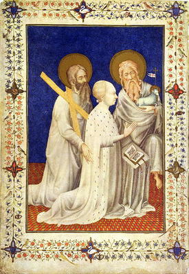 MS 11060-11061 John, Duc de Berry on his knees between St. Andrew and St. John, French, by Jacquemar de 
