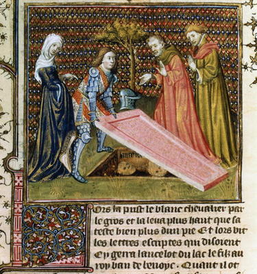 Ms.Fr.118 f.190 Lancelot lifts the stone off his own predestined grave and learns his name and paren de 