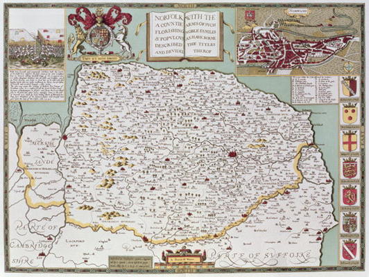 Norfolk, engraved by Jodocus Hondius (1563-1612) from John Speed's 'Theatre of the Empire of Great B de 