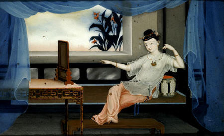One Of A Pair Of Chinese Export Reverse Paintings On Glass Depicting A Lady Reclining On A Day Bed, de 