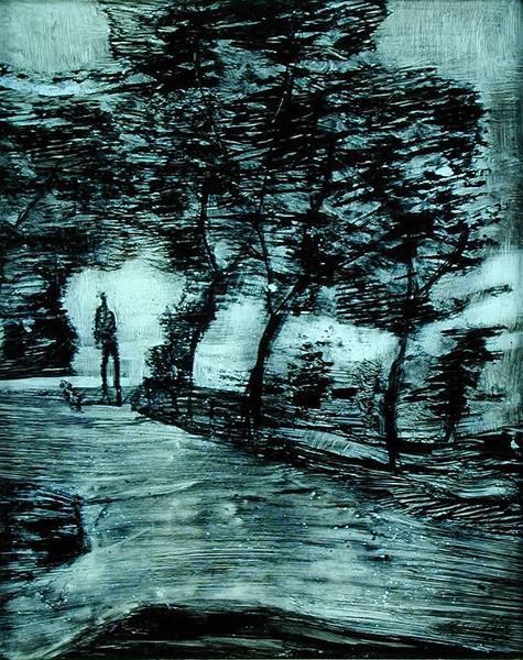 Park path, with tall man and dog, 1907 (no 21) (reverse glass painting)  de 