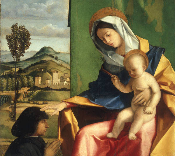 Pennacchi, Pier Maria 1464 - 1514/15. ''Mary with the Child and a donor''. Oil on wood. Venice, Ca'' de 