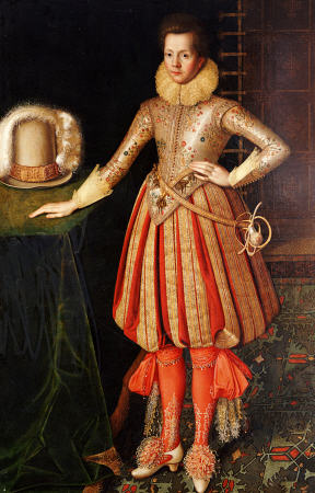 Portrait Of A Gentleman, Full Length, In A Doublet Embroidered With Flower Motif, Lace Ruff And Cuff de 