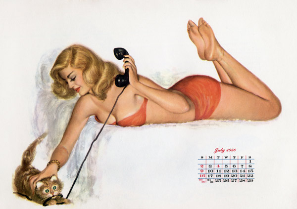 Pin up with a cat playing with phone wire, from Esquire Girl calendar de 