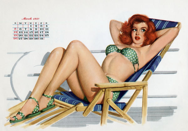 Pin up in bikini on a deckchair on a boat, tanning, from Esquire Girl calendar de 