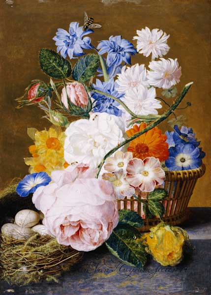Roses, Morning Glory, Narcissi, Aster And Other Flowers In A Basket With Eggs In A Nest On A Marble de 