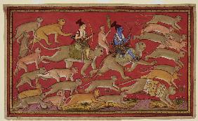 Rama bricht mit der Armee der Affen in den Süden zum Ozean auf. Er reitet auf Hanuman, während sein 