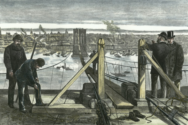 Building of the Brooklyn Bridge, Woodcut de 