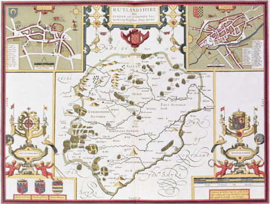 Rutlandshire with Oukham and Stanford, engraved by Jodocus Hondius (1563-1612) from John Speed's 'Th de 