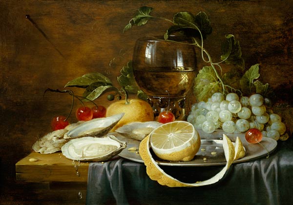 A Roemer, A Peeled Half Lemon On A Pewter Plate, Oysters, Cherries And An Orange On A Draped Table de 