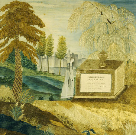 Silk-On-Silk Needlework Picture Depicting A Mourning Woman By The Tombstone Of Joseph Fox de 