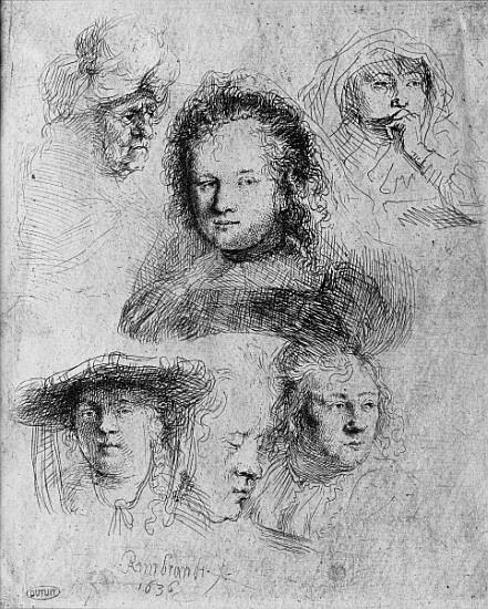 Six heads with Saskia van Uylenburgh (1612-42) in the centre de 