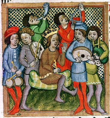Seated crowned figure surrounded by musicians playing the lute, bagpipes, triangle, horn, viola and de 