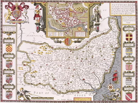 Suffolk and the situation of Ipswich, engraved by Jodocus Hondius (1563-1612) from John Speed's 'The de 