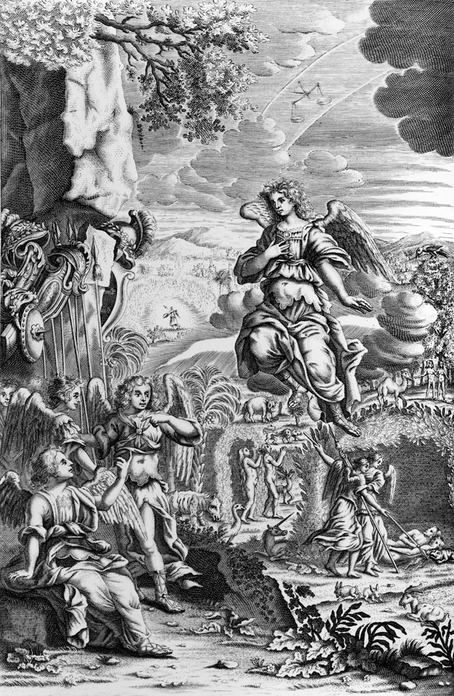 The archangel Uriel informs Gabriel that Satan is in the Garden of Eden, illustration from ''Paradis de 