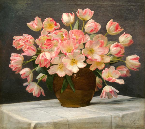 Tulips In A Vase On A Draped Table de 